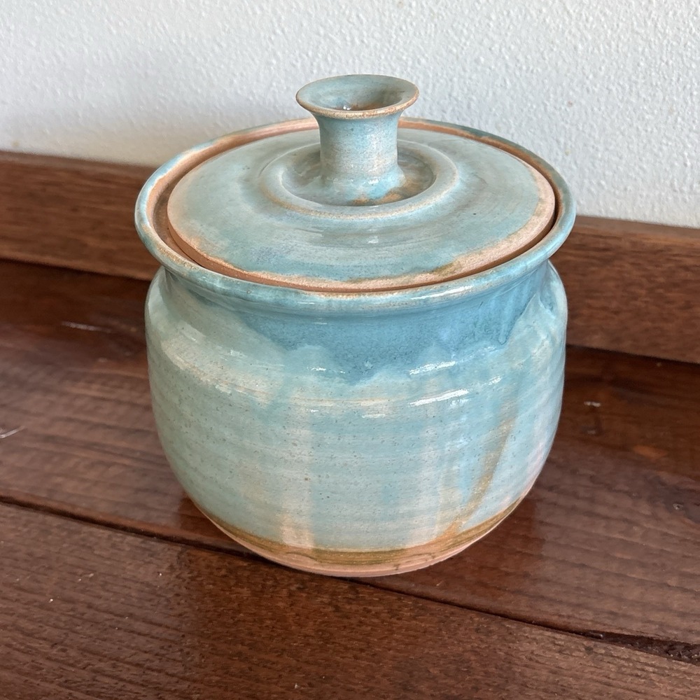 Studio Pottery Canister Jar W/Lid Aqua Teal Blue Brown Glaze 6" Coastal Rustic